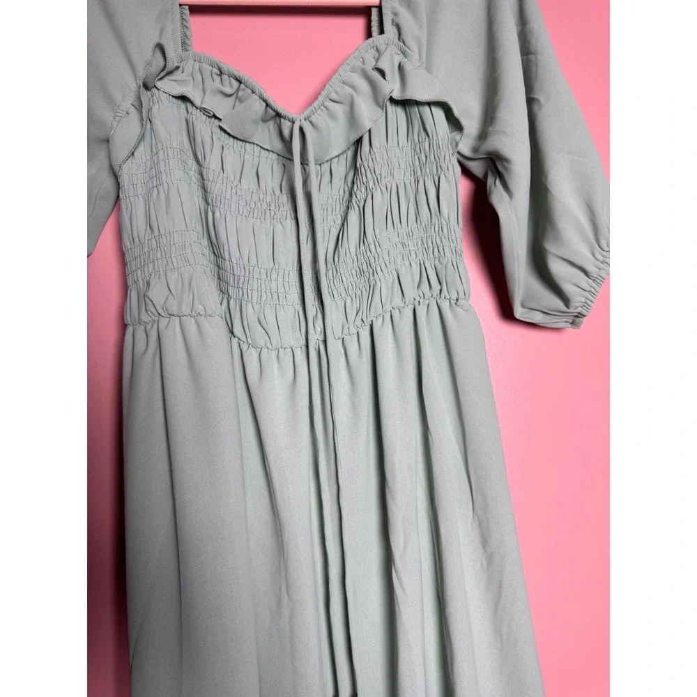 Sage Green Smocked Midi Dress Ruffle Square Neck Cottagecore 3/4 Sleeve M